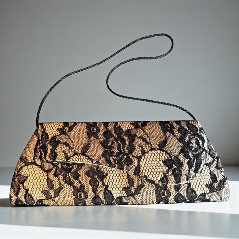 JESSICA MCCLINTOCK CREAM SATIN BLACK LACE EVENING CLUTCH BRAIDED SHOULDER STRAP